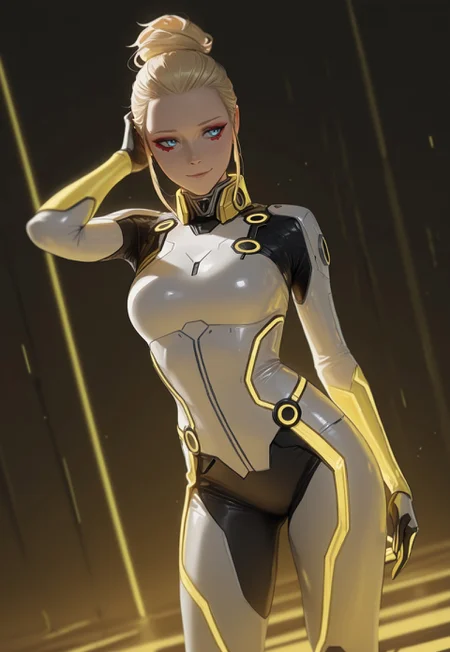 masterwork, masterpiece, best quality, very aesthetic, absurdres, newest, huge filesize, highres, very awa, year 2024, 1girl, solo, soft lighting, bloom effect, glow, shining, intricate cinematic background, cyberpunk, 
kara \(detroit\), makeup, alternate costume, bodysuit, skinny, humanoid robot, blonde hair, hair up, blue eyes, tr0n, white outfit, yellow neon trim, 
hand up, curvy, light smile, contrapposto, depth of field, dutch angle, open hand, hand on own head, energy, 