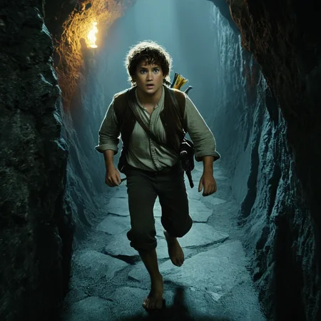 Horror-themed, <lora:The Lord of the Rings style v2:0.6>
<lora:The Lord of the Rings style:0.6>
<lora:Chiaroscuro Lighting Style:0.5>
Inside mount doom In a Fantasy Middle-earth world in the dark ages a hobbit man running down a narrow hallway in a cave,solo,shirt,1boy,jacket,male focus,pants,vest,running , dramatic light, dramatic shadow light, film contrast, cinematic film color, cinematic film look, filmic, realistic, realism, perfection, perfect, movie still, fantasy drama, epic drama, fictional, Age of Wonders, Age of Empires, warriors, Medieval style, middle ages, dungeons and dragons style, different people, different, unique, kingdoms and castles, violent, aggressive, detailed, perfection, detailed face, detailed body, detailed hands, detailed eyes, sharp, horror themed, dark themed, epic fantasy adventure film style, Legendary, mythical, The Lord of the Rings style, Eerie, unsettling, dark, spooky, suspenseful, grim, highly detailed