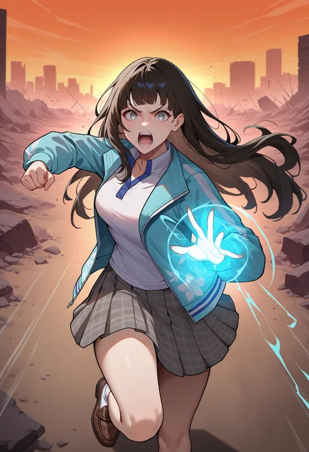 masterpiece, best quality, newest, absurdres, highres, 1girl, running, incoming attack, magic, shouting, glowing, looking at viewer, <lora:TaoSMT-illu:1> tao, black hair, long hair, choppy bangs, grey eyes, aqua jacket, open jacket, track jacket, medium breasts, long sleeves, floral print, white shirt, collared shirt, grey skirt, plaid skirt, pleated skirt, white socks, loafers, brown footwear, post-apocalypse, orange sky