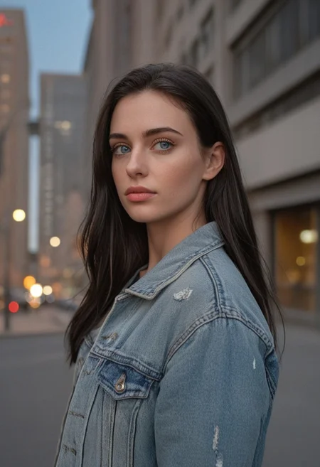 30yo woman posing for pic in front of tall building.
Blue eyes. small perfecteyes 
Wearing ripped Denim jacket red trucker hat
no makeup. Clear skin.  realistic skin style
Long dark black slick back hair. No makeup. Dusk, Street light. Looking at camera POV. Slight smile, tilting head.. Tilt head.
Medium Close Up shot. Bokeh. Bokeh light.