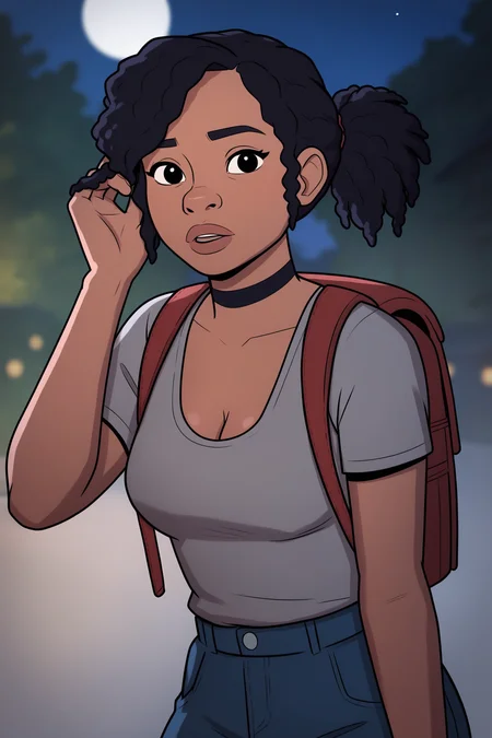 zPDXL3,cowboy shot, <lora:PSA_Emily:1> psaemily, black hair, 1girl, solo, choker, dark skin, dark-skinned female, black eyes, grey shirt, short sleeves, backpack, bag, night, night sky, lips, parted lips, cleavage, looking at viewer, hand in own hair,