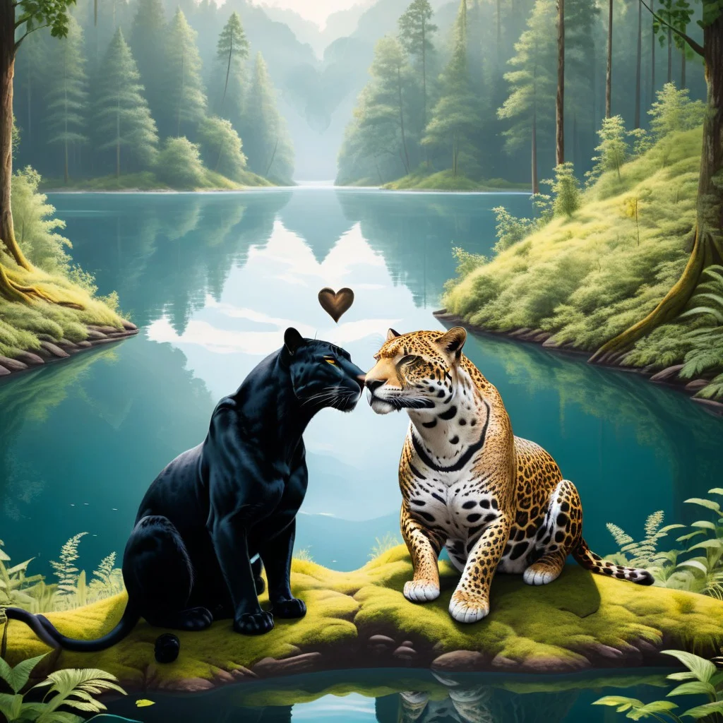 A panther and a jaguar laying together in the forest, (the negative space making an heart shape between them), looking out over a lake.
masterpiece, 8k, high definition