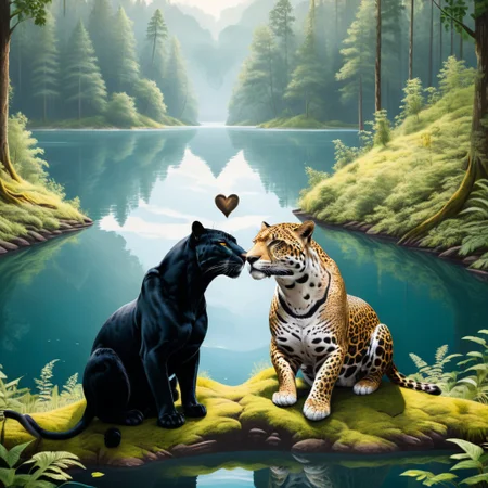 A panther and a jaguar laying together in the forest, (the negative space making an heart shape between them), looking out over a lake.
masterpiece, 8k, high definition