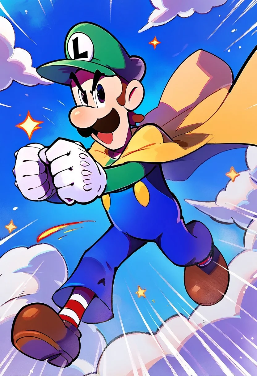 
score_9, score_8_up, score_7_up 
   , masterpiece, beautiful,

action pose ,ITLuigi,cartoon-style,green long-sleeved shirt, blue overalls, moustache, round nose, brown shoes, white gloves, yellow buttons, brown hair, black eyes,slim, striped socks,red and white socks, L emblem on hat, yellow cape, cape, full body, action pose, , green hat, detailled background, blue sky, clouds,