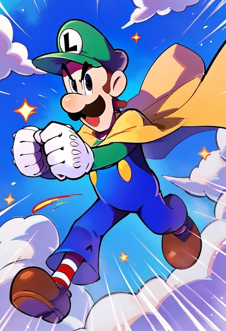 score_9, score_8_up, score_7_up
, masterpiece, beautiful,
action pose ,ITLuigi,cartoon-style,green long-sleeved shirt, blue overalls, moustache, round nose, brown shoes, white gloves, yellow buttons, brown hair, black eyes,slim, striped socks,red and white socks, L emblem on hat, yellow cape, cape, full body, action pose, , green hat, detailled background, blue sky, clouds,