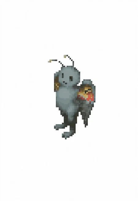 masterpiece, best quality, solo, <lora:FFT-Sprites-illus_Fp:1>, looking at viewer, from side, full body, standing, solid oval eyes, , pixel art, simple background, white background, <lora:Mothman-illus_Fp:1>, mothman, pokemon \(creature\), no humans, wings, antennae, open mouth,
