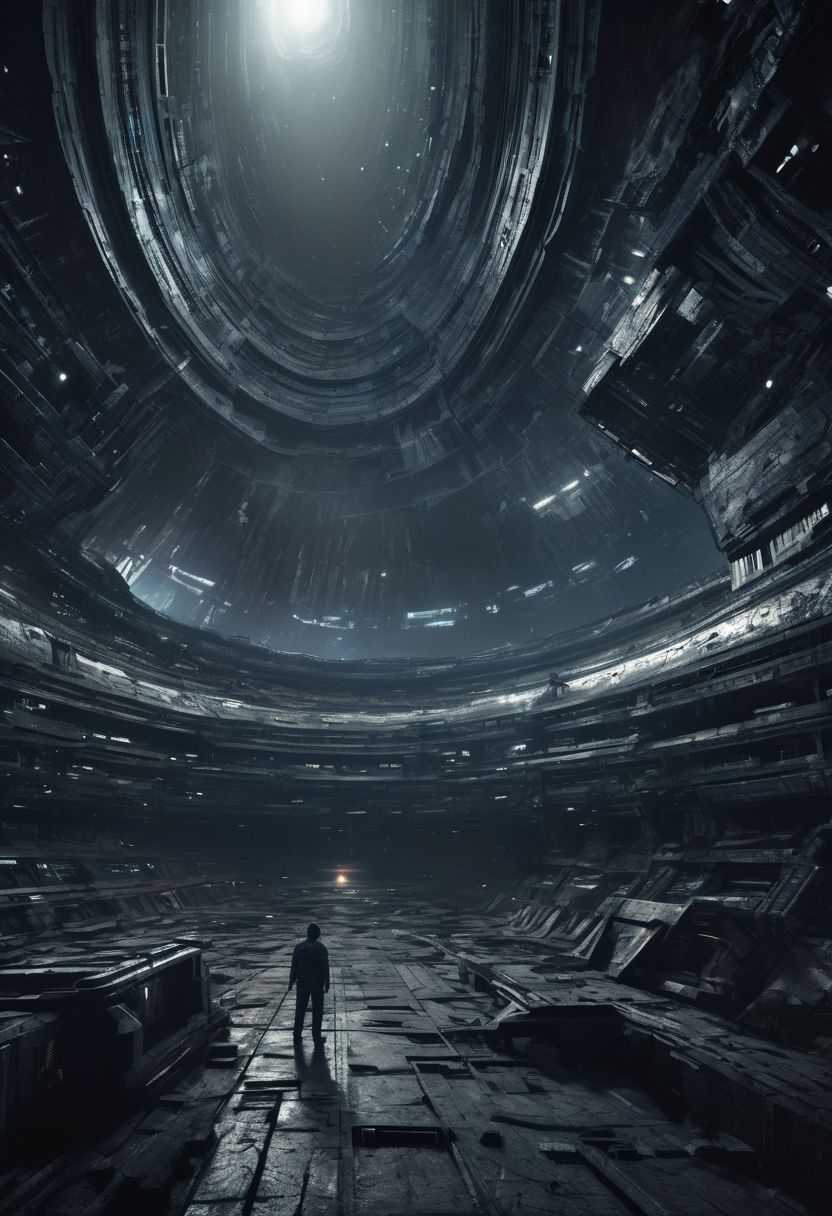 liminal space, empty space port at night, futuristic, high resolution details, ultra detailed, 8k, uhd, studio photo quality, atmosphere of dread, event horizon inspired, cosmic horror, world ended, ruin, dark star, abyss, stygian reach, echoing darkness, they of blind sight