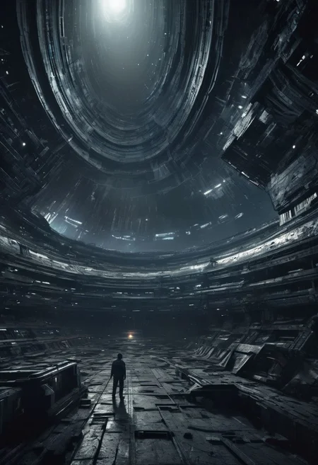 liminal space, empty space port at night, futuristic, high resolution details, ultra detailed, 8k, uhd, studio photo quality, atmosphere of dread, event horizon inspired, cosmic horror, world ended, ruin, dark star, abyss, stygian reach, echoing darkness, they of blind sight