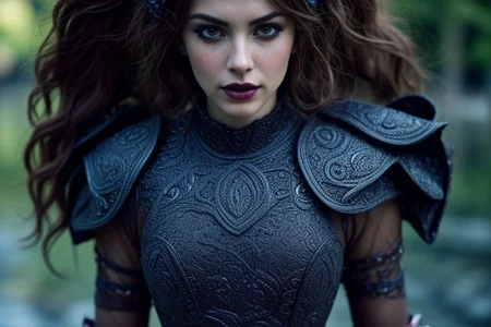 masterpiece, best quality, (colorful), cinematic lighting,  realistic, battlefield besides the dark waters of a misty fjord, beautiful valkiria, wavy dark hair, plate armor, ornate carapace, long sword, wooden shield, 
dynamic pose, extremely detailed, beautiful detailed face, medium breasts, braless, no bra, cleavage, nipslip, at dusk, slanted sunrays, pale skin, detailed skin, dark makeup, black mascara, black lipstick, EyeDetail, perfect detailed eyes, long eyelashes, black eyeliner, kawaii makeup , subsurface scattering, remarkable color, ultra realistic, textured skin, remarkable detailed pupils, realistic dull skin noise, visible skin detail, skin fuzz, dry skin, bokeh, sharp focus on subject,