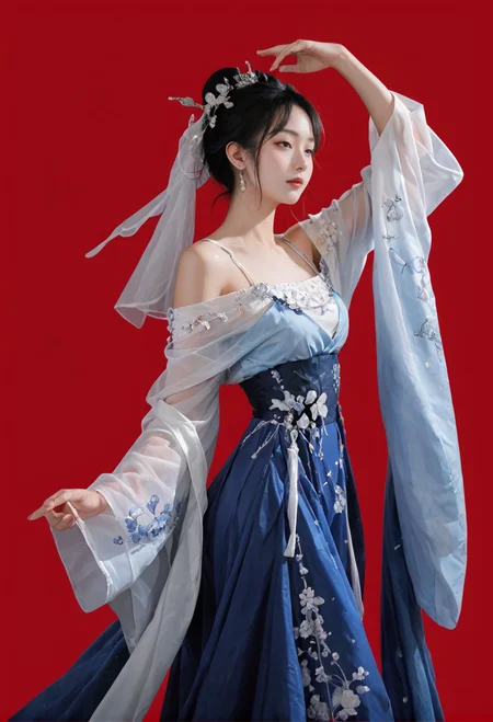 red background,1girl,solo,dancing,,ruanyi0759,blue dress,hanfu,jewelry,veil,off shoulder,wide sleeves,<lora:0759 Yingluo blue Hanfu_v1_pony:1>, score_9,score_8_up,score_7_up,,8k,1girl,solo,