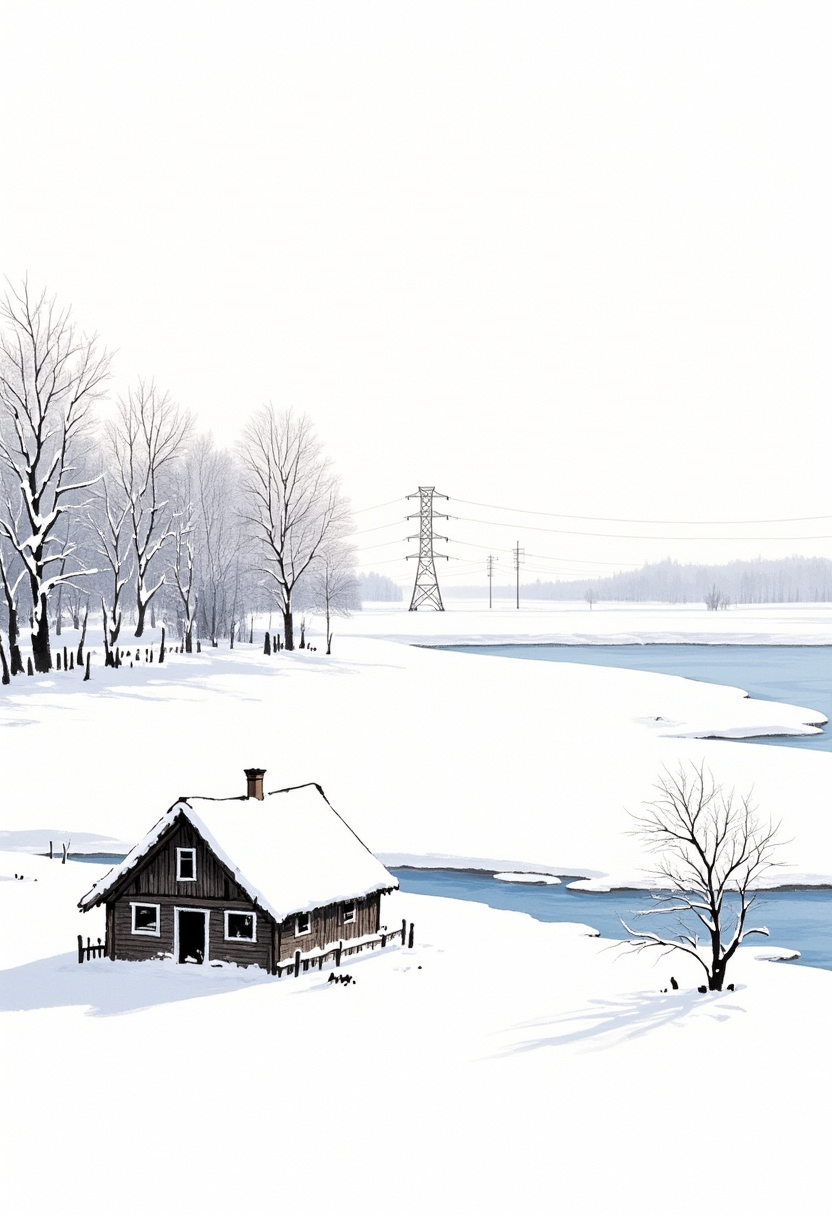 A rural winter landscape featuring a solitary cabin beside a frozen lake, surrounded by bare trees covered in snow. ((Transmission tower:1.5)) and utility poles stand in the distance. The scene is captured in daylight with gentle sunlight illuminating the snow-covered scenery. The composition presents a distant view of the single house in a tranquil winter countryside setting. ((Masterpiece)), (best quality), highly detailed, traditional media ink wash painting style, very aesthetic. <lora:Shuimozhuangshi_Ink_wash_painting_style_v2.7:1>