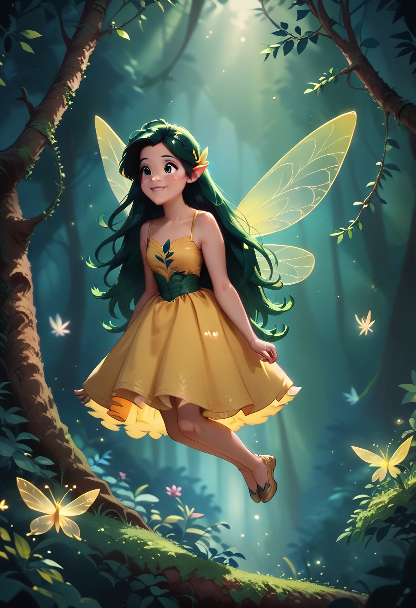 score_9, score_8_up, score_7_up,  masterpiece, high quality, a girl flying through a magical forest, cute, black long hair, yellow dress,Fairy Wings , j_huiben
