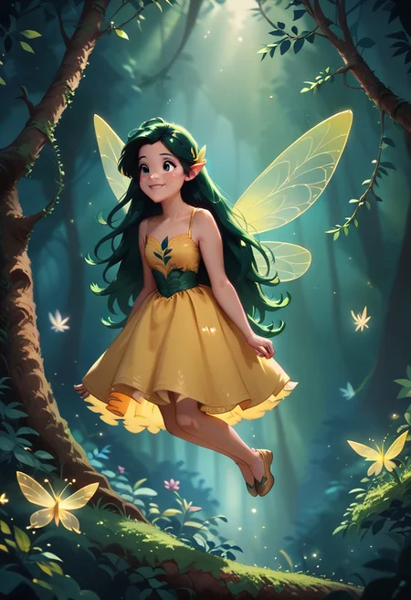 score_9, score_8_up, score_7_up, masterpiece, high quality, a girl flying through a magical forest, cute, black long hair, yellow dress,Fairy Wings , j_huiben