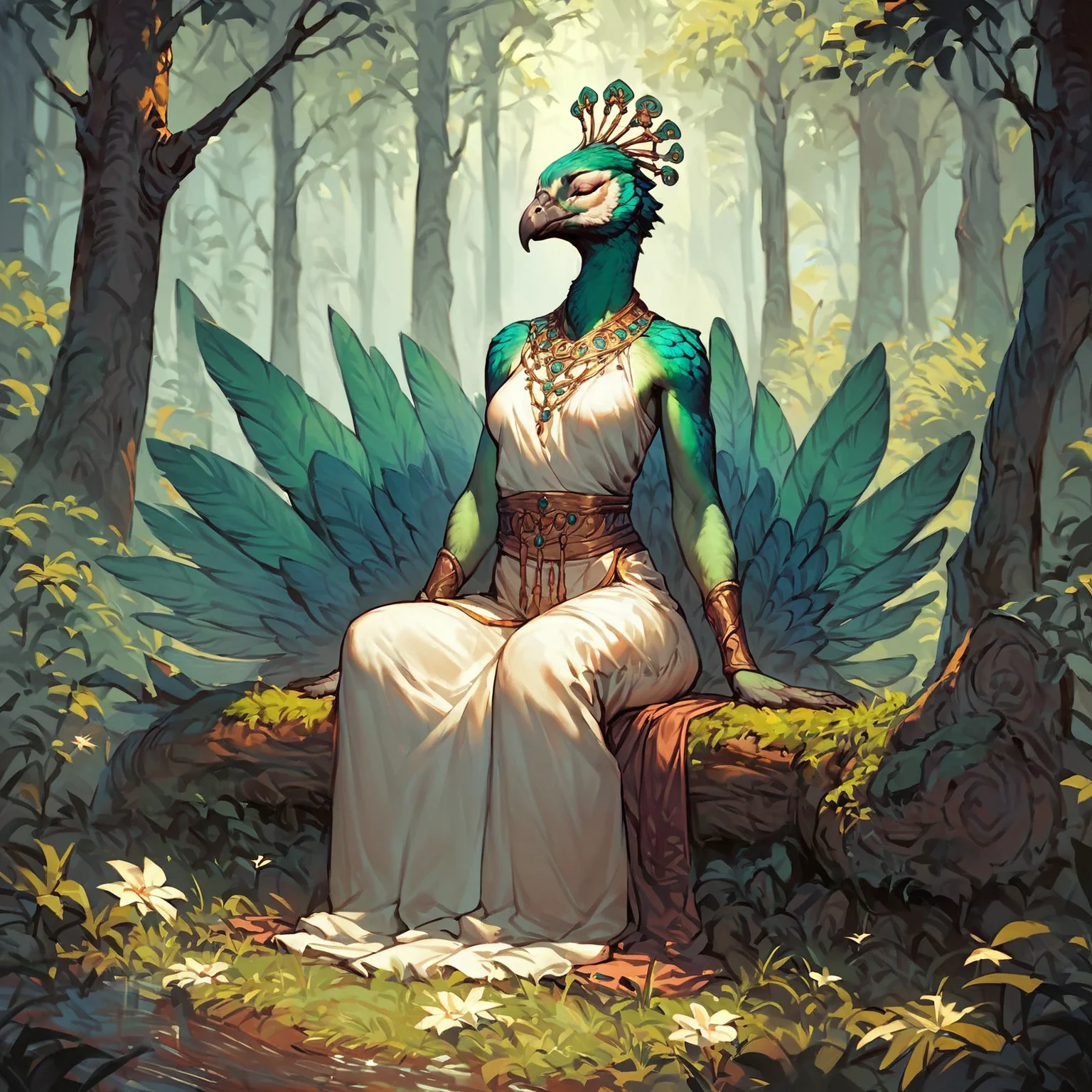 score_9, score_8_up, score_7_up, score_6_up, score_5_up, score_4_up,anthro, peafowl, female, open tail, feathered tail, outdoors, top,  white and green feathers, full body, sitting, meditation, forest, <lora:Anthro_birds-000018:0.8>