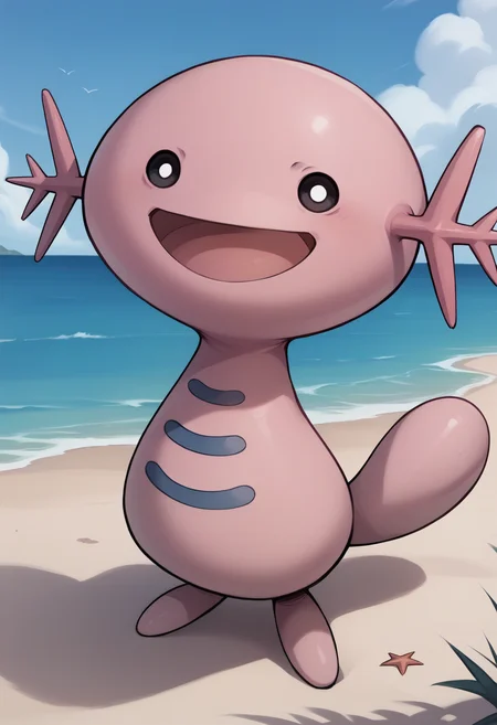 score_9, score_7_up, full body, looking at viewer, open mouth, smile, <lora:WooperPKMN-pdxl:1> w00per, pokemon \(creature\), no humans, pink skin, black eyes, solid circle eyes, tail, beach