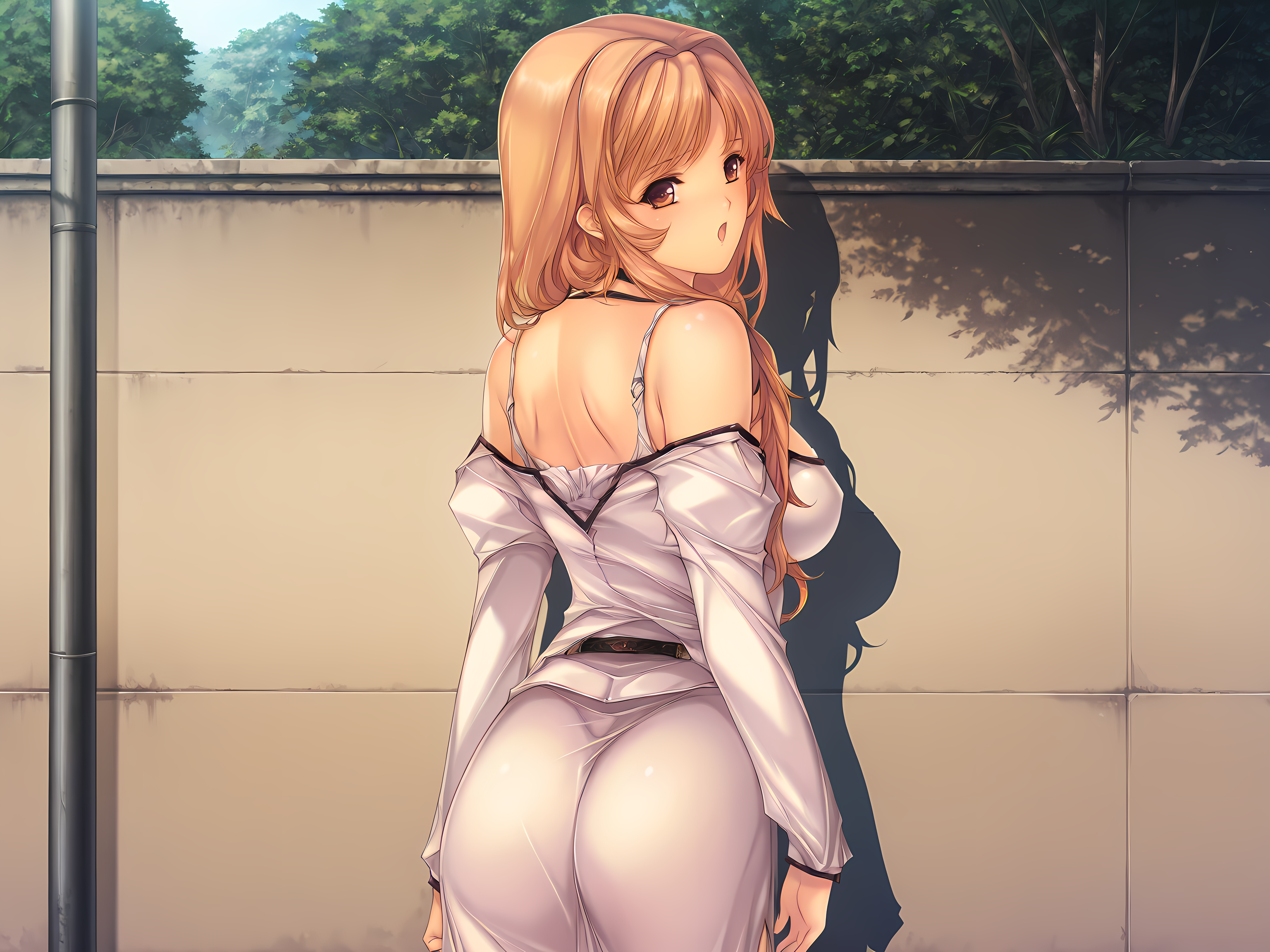 <lora:Oyako_Rankan_Illustrious:1>,1girl,solo,kotone,min-naraken,ksd outfit,looking at viewer,large breasts,surprised,gasp,day,standing,looking back,bare shoulders,hair over shoulder,twisted torso,from behind,shadow,stalking,outdoors,, masterpiece,best quality,amazing quality,