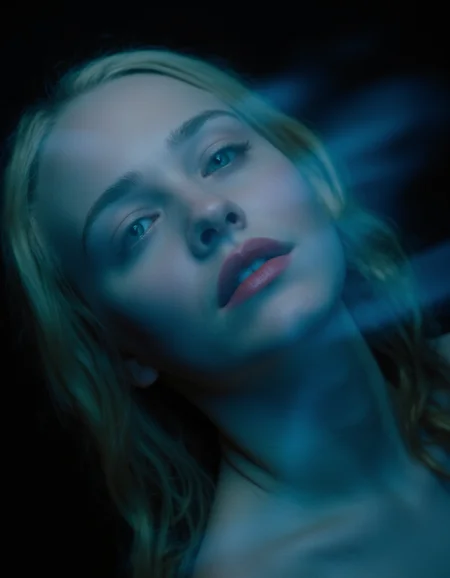 music album cover of a blurry image of a women, blonde hair, red lips, motion blue, black background, <lora:CinematicStyleFlux_v1:1>