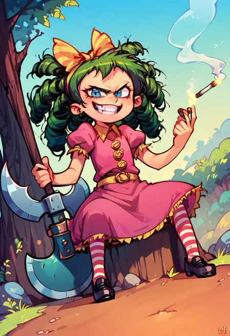 score_9, score_8_up, score_7_up, score_6_up, score_5_up, score_4_up, OverallDetail, fca style, 1girl, solo, green hair, drill hair, yellow bow, hair bow, blue eyes, teeth, grin, dress, puffy sleeves, short sleeves, yellow belt, pantyhose, striped pantyhose, striped, shoes, black footwear,
 holding axe , Dutch angle, dynamic pose, looking at viewer, forest,, sitting, tired expression, smoking