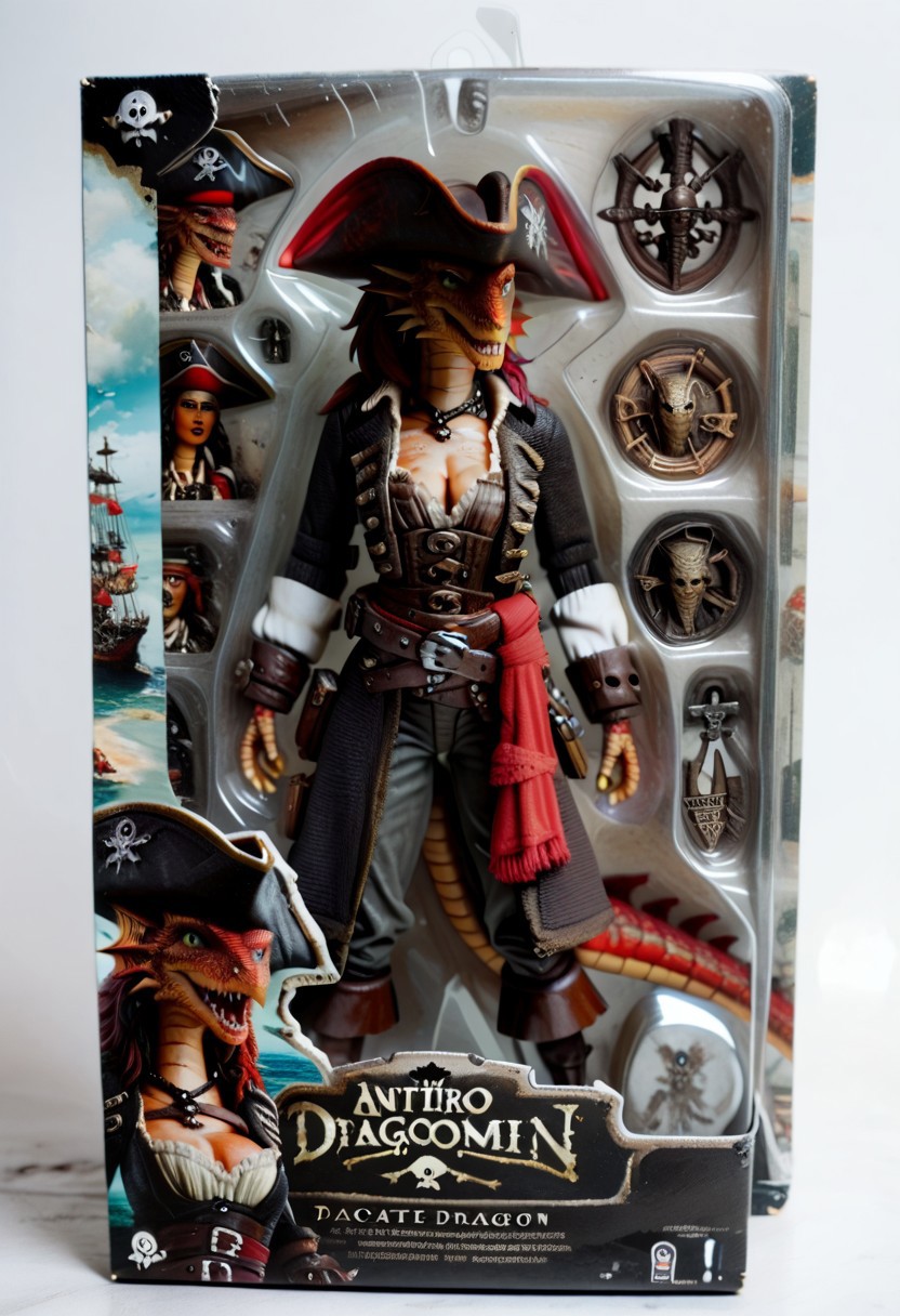 score_9, score_8_up, score_8, action figure, toy packaging, 1girl, solo,  Dragonborn, furry dragon,  tail, pirate costume, red scaly skin, scaly cleavage, pirate hat, eyepatch, scars, english text,