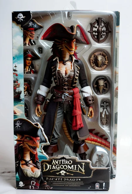score_9, score_8_up, score_8, action figure, toy packaging, 1girl, solo, Dragonborn, furry dragon, tail, pirate costume, red scaly skin, scaly cleavage, pirate hat, eyepatch, scars, english text,