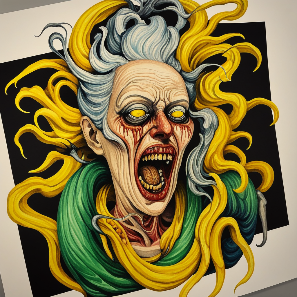 1girl, old woman, pain, suffering, melting, bad skin, ugly, horror, terror, blue, yellow, green, putrid, rancid