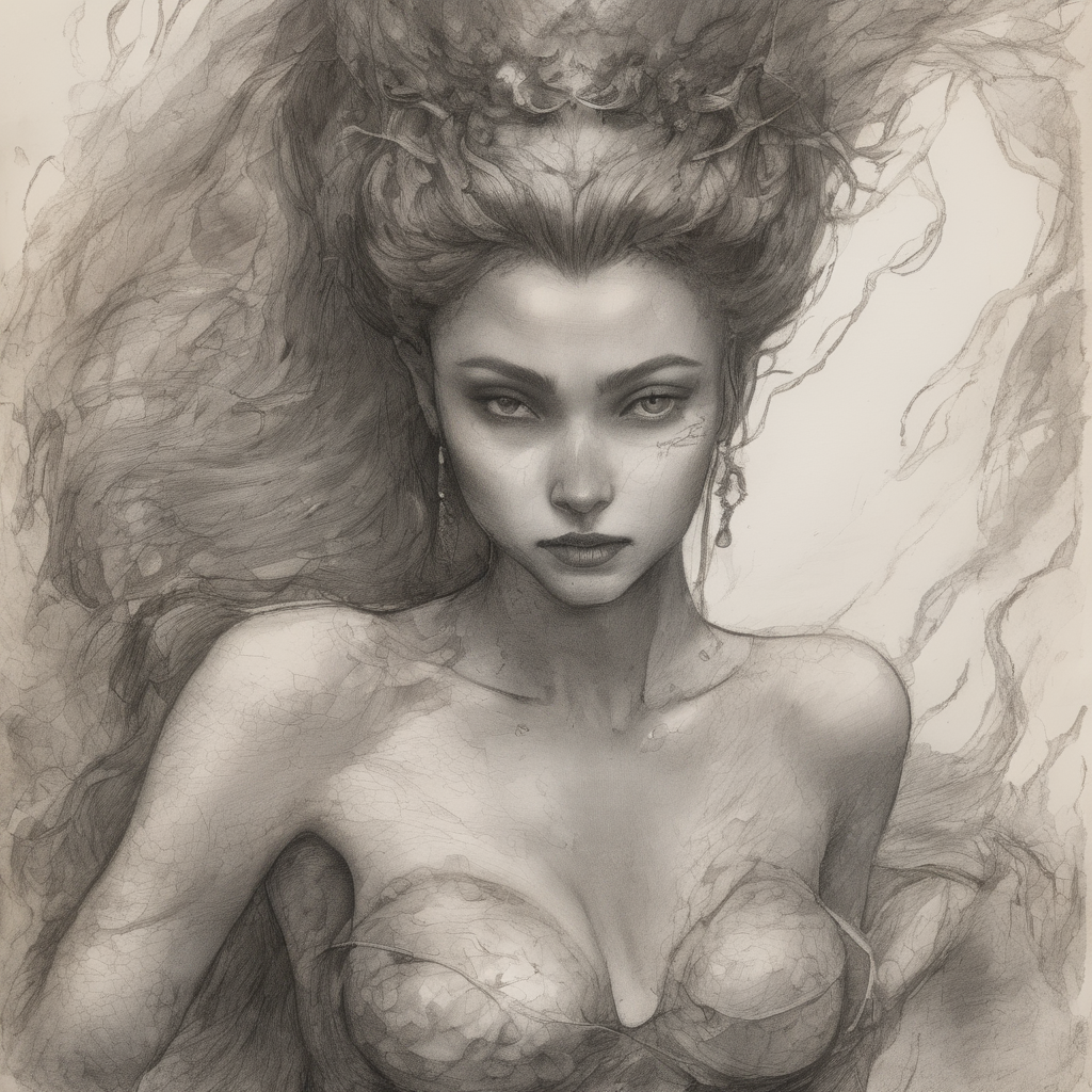 naturalist's journal page featuring a pencil sketch of a seductive eerie mermaid. The mermaid has sharp, piercing eyes with dark, elongated lashes, and a mouth filled with needle-like teeth visible through a sly, unsettling smile. Her hair appears wet and tangled. She has delicate, webbed fingers and scales along her arms and torso that shimmer slightly.  Sketches of her full body with fish tail. detailed with smudged pencil lines, ink blotches, and subtle sepia-toned water stains, enhancing the eerie