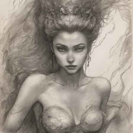 naturalist's journal page featuring a pencil sketch of a seductive eerie mermaid. The mermaid has sharp, piercing eyes with dark, elongated lashes, and a mouth filled with needle-like teeth visible through a sly, unsettling smile. Her hair appears wet and tangled. She has delicate, webbed fingers and scales along her arms and torso that shimmer slightly. Sketches of her full body with fish tail. detailed with smudged pencil lines, ink blotches, and subtle sepia-toned water stains, enhancing the eerie