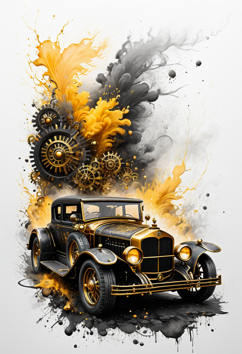 Logo on (((white background: 1.5))). creating splashes. Science fiction in steampunk style. Atmospheric haze, Detailed retro steampunk machine with vintage design and intricate gold and black mechanical elements ((gears: 1.4)). The retro car has big fat tires and a powerful, ornate turbo engine mounted on top, adorned with various gears, pipes and brass parts. The overall design combines classic automotive aesthetics with a steampunk fantasy car. An explosion of golden ((smoky: 1.3)) liquid in the form of paint splatters surrounds the car, creating a dynamic and energetic scene. The background is pure white, highlighting the bright details and metallic texture of the car. The scene is a mixture of retro and fantasy, capturing the essence of steampunk art
