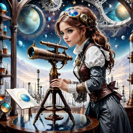 A steampunk-style telescope stands on a table in the laboratory,beautiful cute girl looking through a telescope, star map,