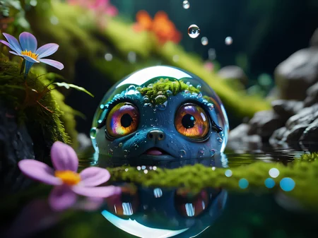 Cinematic photo-realistic macro photography, dramatic lighting, one cute little bubble of water, reflecting and refracting light, living water, two cute shimmering eyes, anthropomorphic cuddly creature, cave pool, moss, iridescent flowers, vibrant colors, <lora:detailed_notrigger:1>