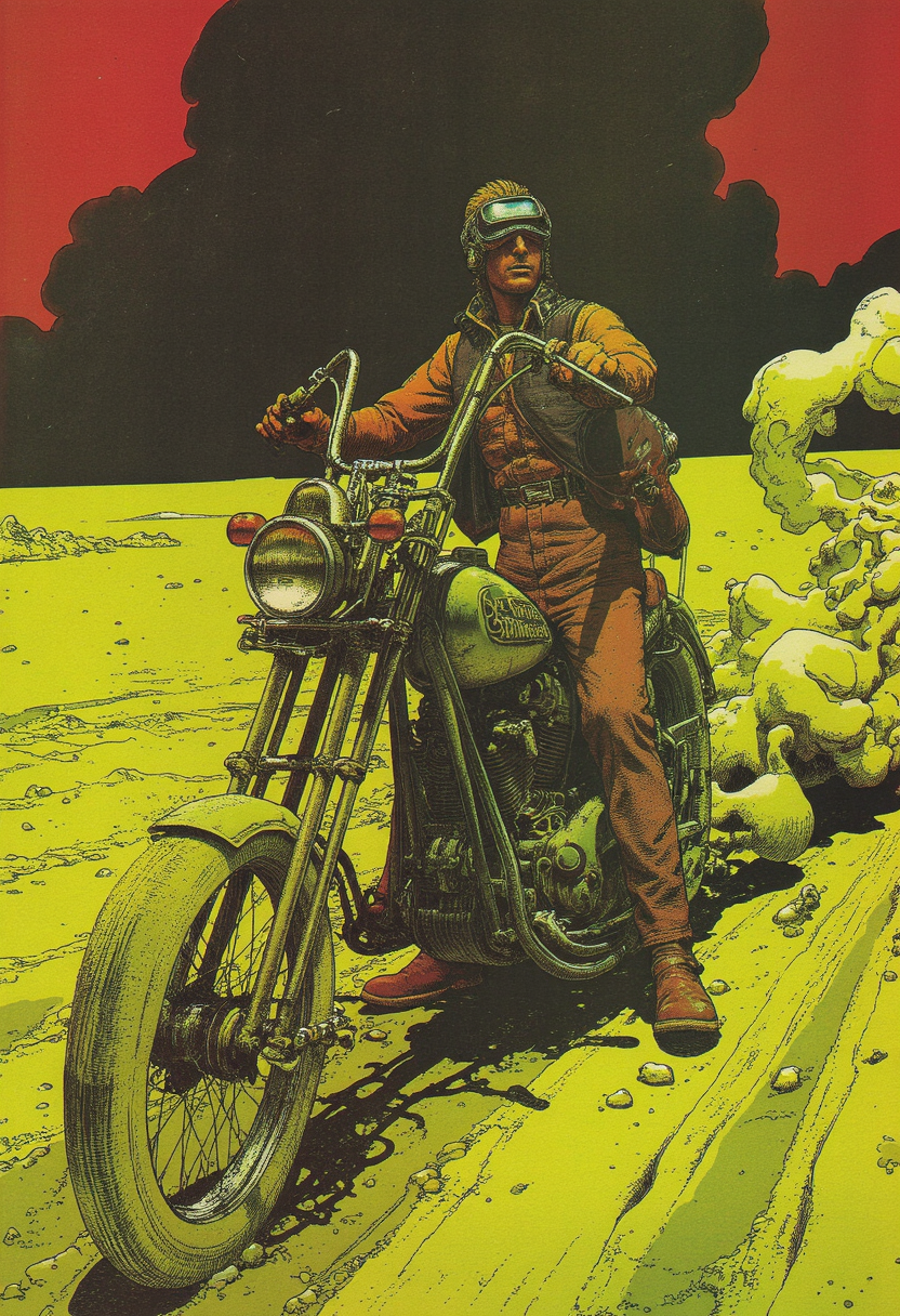 jegi, man, chopper motorcycle, goggles, wet dust, green and yellow ground, black and red sky