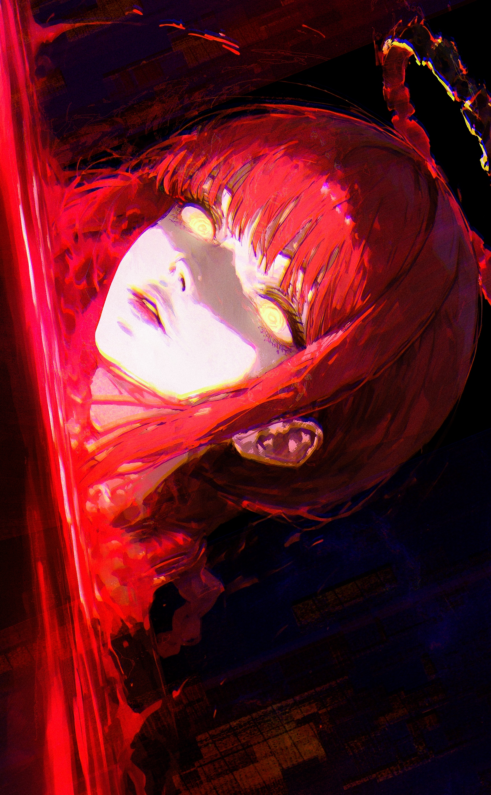 sketch limited palette, glitch theme,  
(sideways:1.3),
 cinematic, nose, lips, 
1girl, solo, makima \(chainsaw man\), glowing eyes, black halo, (red aura:1.3), (afterimage:1.3), (motion blur:1.2),
black background, simple background, blood, 
very awa, best quality, highres, masterpiece,
<lora:nhl-001-20:0.6> , nhl-001, <lora:Detailer_NoobAI_Incrs_v1:1> detailed