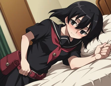 score_9, score_8_up, score_7_up, source_anime,
agkkurome, <lora:agk-kurome-s1-ponyxl-lora-nochekaiser:1>,
kurome, short hair, black hair, black eyes, hair between eyes,
skirt, school uniform, serafuku, belt, black serafuku, short sleeves, belt, black skirt, neckerchief, red neckerchief,
indoors, bed, bed room, on side, blush, drunk,
cowboy shot, solo, dutch angle, looking at viewer,
