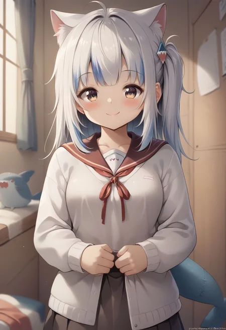 gawr gura, 1girl, shark tail, gawr gura, cat ears, side ponytail, upper body, smile, blush, closed mouth, score_9, score_8_up, score_7_up, source_anime, masterpiece, best quality, highly detailed background, cinematic lighting, detailed eyes, perfect face,, lazy, teenager room, messy, bedroom, bed sheet, closet, cardigan, school_uniform, mole_under_eye, black_thighhigh