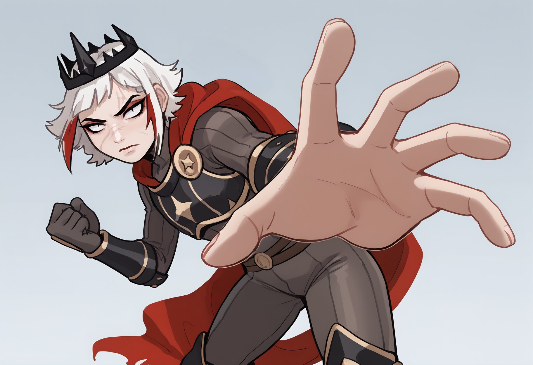score_9, score_8_up, score_7_up, score_6_up, lilandavastyle BREAK, incrspunchmeme, 1girl, solo, short hair, white hair, multicolored hair, makeup, scar, crown, armor, gloves, bracers, bodysuit, cape, thick thighs <lora:Ulfger_PDXL:0.6> <lora:add-detail-xl:0.3>  <lora:PepePunchMeme_XLPD:0.7> <lora:Lilandava_PDXL:1>