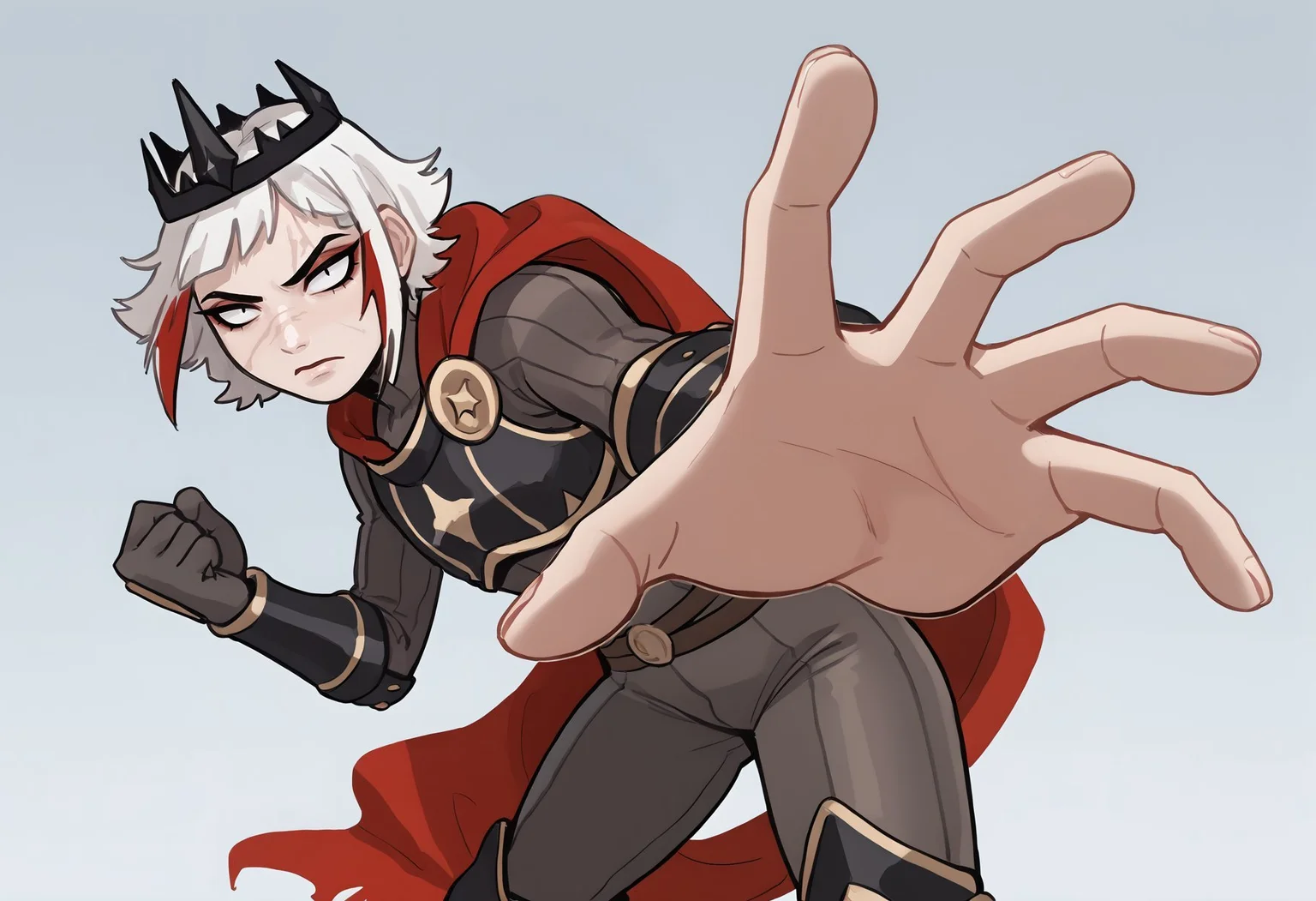 score_9, score_8_up, score_7_up, score_6_up, lilandavastyle BREAK, incrspunchmeme, 1girl, solo, short hair, white hair, multicolored hair, makeup, scar, crown, armor, gloves, bracers, bodysuit, cape, thick thighs <lora:Ulfger_PDXL:0.6> <lora:add-detail-xl:0.3> <lora:PepePunchMeme_XLPD:0.7> <lora:Lilandava_PDXL:1>