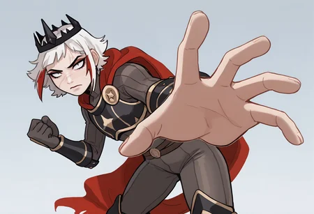 score_9, score_8_up, score_7_up, score_6_up, lilandavastyle BREAK, incrspunchmeme, 1girl, solo, short hair, white hair, multicolored hair, makeup, scar, crown, armor, gloves, bracers, bodysuit, cape, thick thighs <lora:Ulfger_PDXL:0.6> <lora:add-detail-xl:0.3>  <lora:PepePunchMeme_XLPD:0.7> <lora:Lilandava_PDXL:1>