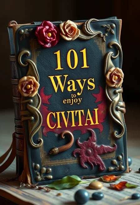 An ancient dusty torn leather covered book, carefully decorated, with magical glowing golden writing on the cover that says 101 Ways to enjoy CIVITAI