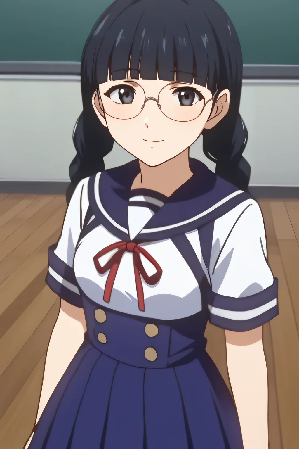 score_9, score_8_up, score_7_up, source_anime, rating_safe, intricate details, anime screencap, official style, 1girl, solo, <lora:Kurata_Nao:1>, kuratanao, black hair, black eyes, blunt bangs, twinbraids, glasses, smile, school uniform, sailor collar, short sleeves, red ribbon, pleated skirt, blue skirt, black thighhighs, thighs, looking at viewer, expressionless, smile, indoor, cowboy shot, blush
