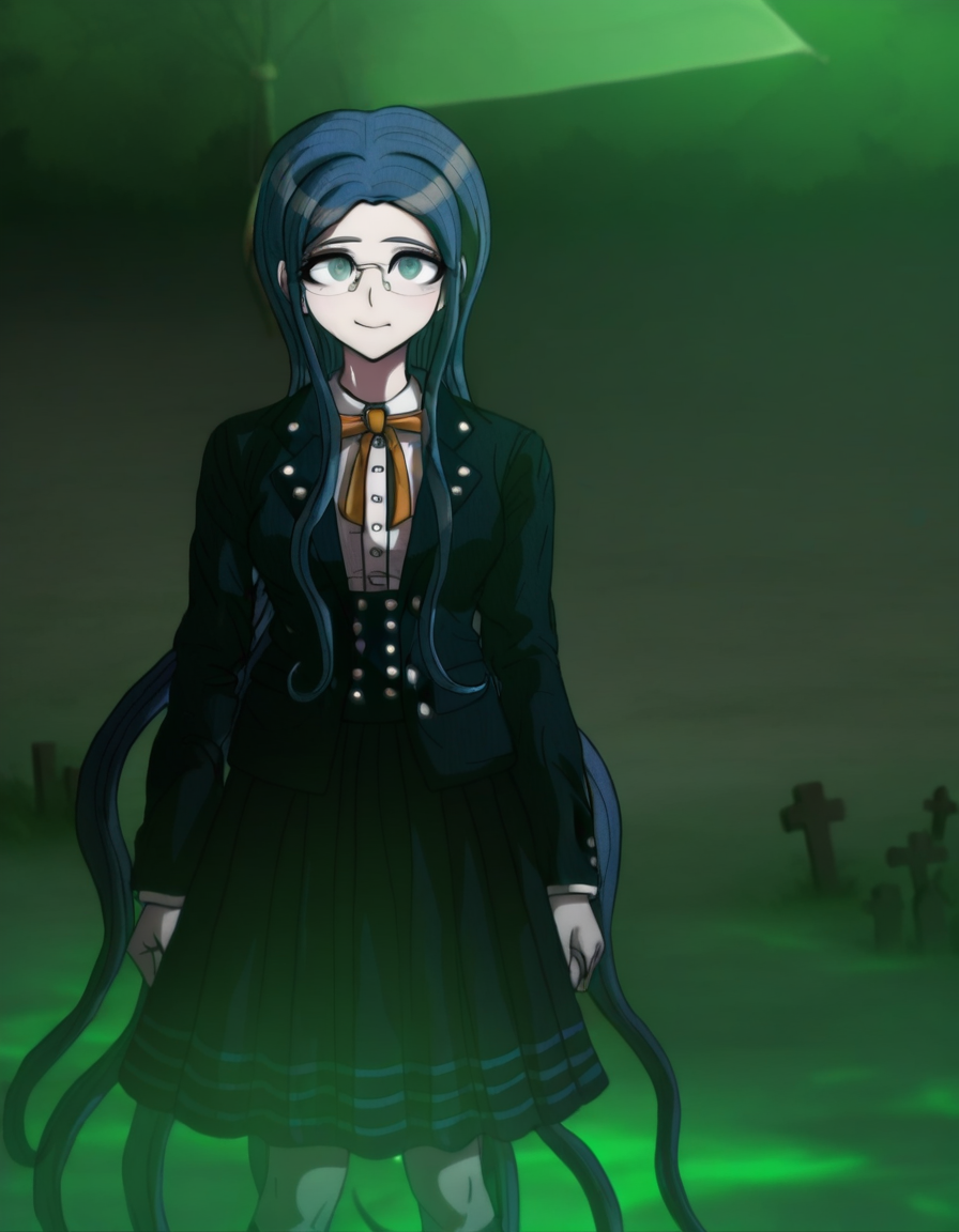 masterpiece, best quality, <lora:Tsumugi_Shirogane_Illustrious:1>, In the art style of Rui Komatsuzaki, artist: Rui Komatsuzaki,   This anime screencap is from Danganronpa the Animation. . Tsumugi Shirogane wearing her uniform from Danganronpa V3. Tsumugi Shirogane has knee-length dark teal-blue hair parted in the center which is straight and smooth at the base and gradually splits into waves near the tips. Her eyes are large, round, and are a soft teal-green color. Tsumugi wears round, rimless glasses with white temples. Tsumugi's Danganronpa V3 school uniform consists of a white blouse with an orange bow tied at her collar underneath a two-button, pocketed, teal-black school blazer adorned with two silver buttons on each lapel and a single button on each gorge. She wears a knee-length teal-black pleated skirt with two dark teal stripes lining the hem. Her legwear consists of dark navy knee-length socks and teal-gray loafers. On a Halloween-themed Jabberwock Island, Tsumugi Shirogane relaxes under a blue and white striped umbrella adorned with fake spiders. The palm trees are draped with orange fairy lights, and a spooky fog rolls in from the ocean. A small graveyard prop set occupies the foreground, complete with plastic tombstones and skeleton decorations.