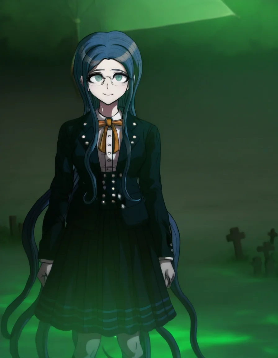 masterpiece, best quality, <lora:Tsumugi_Shirogane_Illustrious:1>, In the art style of Rui Komatsuzaki, artist: Rui Komatsuzaki, This anime screencap is from Danganronpa the Animation. . Tsumugi Shirogane wearing her uniform from Danganronpa V3. Tsumugi Shirogane has knee-length dark teal-blue hair parted in the center which is straight and smooth at the base and gradually splits into waves near the tips. Her eyes are large, round, and are a soft teal-green color. Tsumugi wears round, rimless glasses with white temples. Tsumugi's Danganronpa V3 school uniform consists of a white blouse with an orange bow tied at her collar underneath a two-button, pocketed, teal-black school blazer adorned with two silver buttons on each lapel and a single button on each gorge. She wears a knee-length teal-black pleated skirt with two dark teal stripes lining the hem. Her legwear consists of dark navy knee-length socks and teal-gray loafers. On a Halloween-themed Jabberwock Island, Tsumugi Shirogane relaxes under a blue and white striped umbrella adorned with fake spiders. The palm trees are draped with orange fairy lights, and a spooky fog rolls in from the ocean. A small graveyard prop set occupies the foreground, complete with plastic tombstones and skeleton decorations.