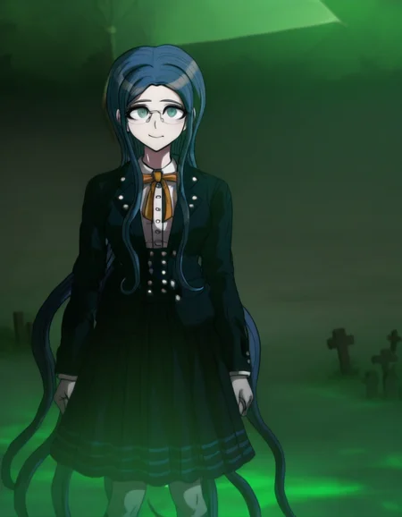 masterpiece, best quality, <lora:Tsumugi_Shirogane_Illustrious:1>, In the art style of Rui Komatsuzaki, artist: Rui Komatsuzaki, This anime screencap is from Danganronpa the Animation. . Tsumugi Shirogane wearing her uniform from Danganronpa V3. Tsumugi Shirogane has knee-length dark teal-blue hair parted in the center which is straight and smooth at the base and gradually splits into waves near the tips. Her eyes are large, round, and are a soft teal-green color. Tsumugi wears round, rimless glasses with white temples. Tsumugi's Danganronpa V3 school uniform consists of a white blouse with an orange bow tied at her collar underneath a two-button, pocketed, teal-black school blazer adorned with two silver buttons on each lapel and a single button on each gorge. She wears a knee-length teal-black pleated skirt with two dark teal stripes lining the hem. Her legwear consists of dark navy knee-length socks and teal-gray loafers. On a Halloween-themed Jabberwock Island, Tsumugi Shirogane relaxes under a blue and white striped umbrella adorned with fake spiders. The palm trees are draped with orange fairy lights, and a spooky fog rolls in from the ocean. A small graveyard prop set occupies the foreground, complete with plastic tombstones and skeleton decorations.
