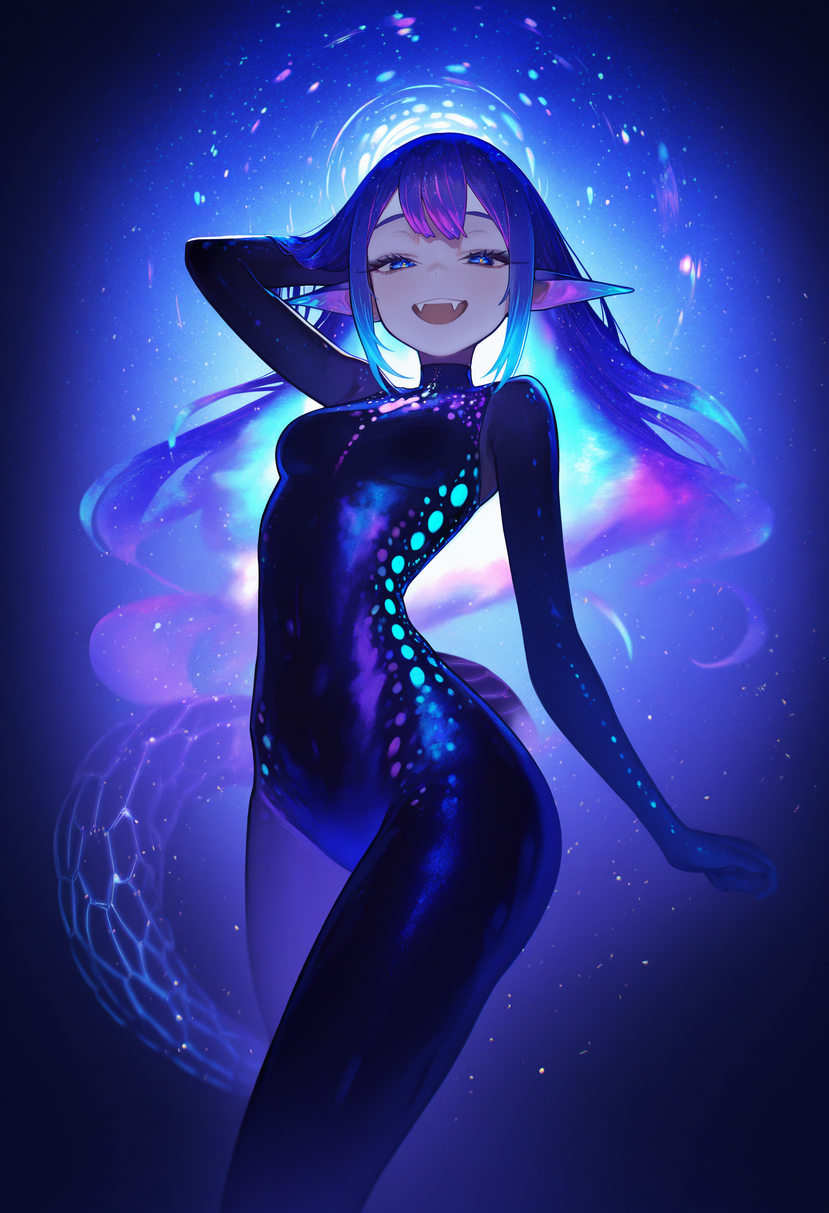 bioluminescence, by [ekrea jan|diyokama|say hana|lam],
ultraviolet, silhouette, closed mouth, double exposure, iridescent nebula galaxy, ethereal glow, bloom, hdr, blue glow, looking at viewer, orions belt, see-through, tail, blue eyes, blue glow, blue hair, glowing, monster girl, see-through silhouette, pointy ears, dynamic pose, arm behind head, skindentation, upper teeth only, fang, grin, half-closed eyes, 
masterpiece, best quality, very aesthetic, very awa, absurdres
<lora:noobai_epred_11_bioluminescence_v15:1>
<lora:illustrious_noobai_epsilon_pred_11_artists_v1:0.4>
<lora:illustrious_noobai_epsilon_pred_11_very_aesthetic_v1:0.6>