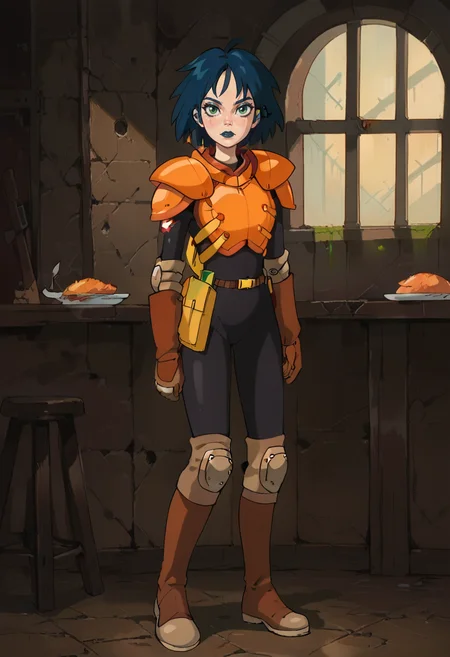 1girl, solo, full body, cowboy shot, standing , looking at viewer, green eyes, angular face, shag, deep blue hair, black bodysuit, orange breastplate,  orange shoulders armor,  knee pads, elbow pads
, brown gloves, makeup,  inside of abandoned mansion, boots,  <lora:Kylie_GriffinPony_64V3:1>,  <lora:GHBL:0.75> GHBL, score_9, score_8_up, score_7_up,