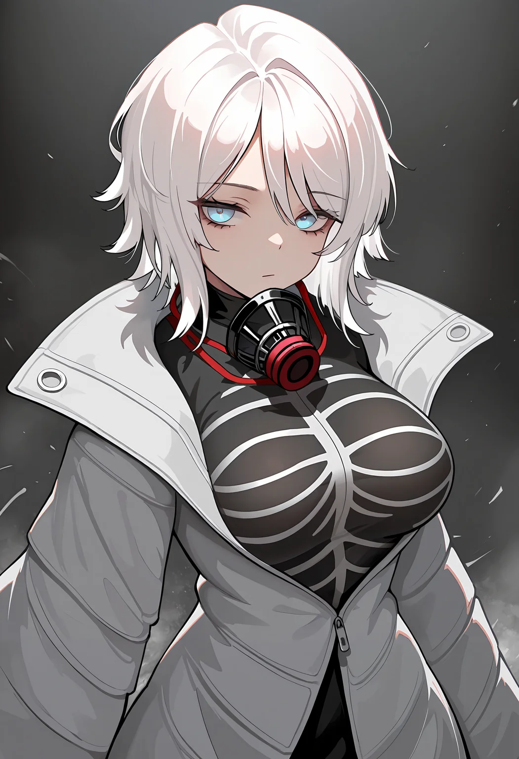 masterpiece, amazing quality, very aesthetic,
faust thoracalgia, 1girl, solo, blue eyes, short hair, white hair, <lora:Faust_Thoracalgia_limbus_company1:0.8>, closed mouth, respirator, open coat, standing, upper body, looking ar viewer