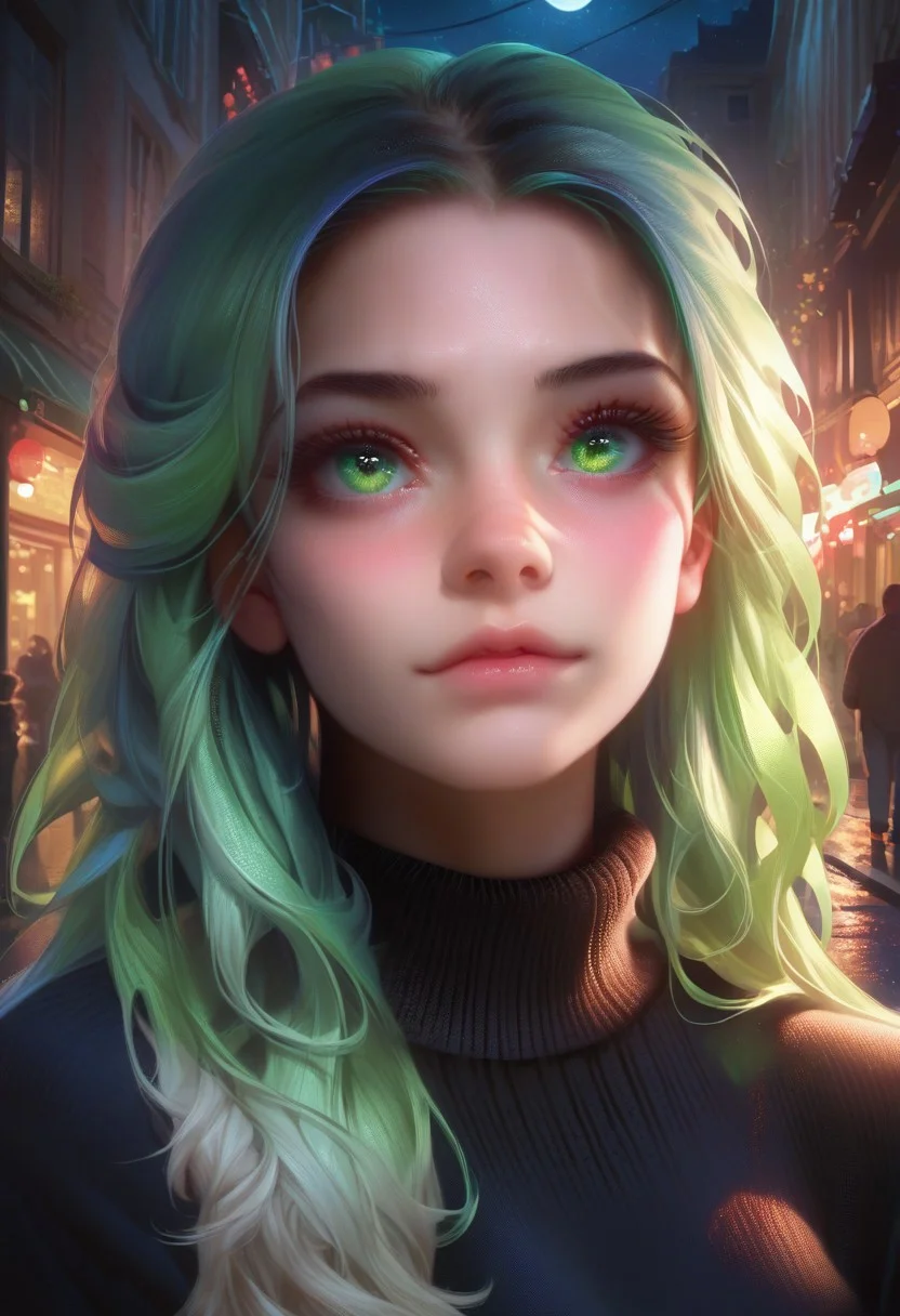 score_9, score_8_up, score_7_up, score_6_up, DemonLordDante, 1girl, solo, detailed face, detailed eyes, night, street, sweater, close up face, black long hair, green eyes, make up,
