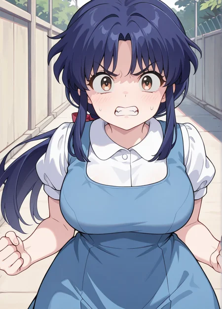 masterpiece, best quality, amazing quality, very aesthetic, absurdres, newest, detailed background, 4k, 8k, outdoors,
akanexd, 1girl, solo,
long hair, blue hair, brown eyes, bangs, low ponytail,
blue dress, short sleeves, shirt, white shirt, school uniform, pinafore dress, collared shirt,
angry, clenched teeth, clenched hands,
looking at viewer, large breasts, wide hips,
<lora:Akane_Tendo_-_Ranma_12_Remake_Illustrious:1>