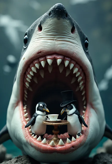 iphone photo (side view:1.5) A semi-realistic image features a giant shark with its mouth wide open, revealing rows of sharp teeth. Inside the shark's mouth, a penguin sits at a miniature table, elegantly sipping tea from a dainty cup. The penguin is dressed in a top hat, adding a whimsical and surreal touch to the scene. The contrast between the ferocious shark and the refined penguin creates a humorous and imaginative tableau. . large depth of field, deep depth of field, highly detailed