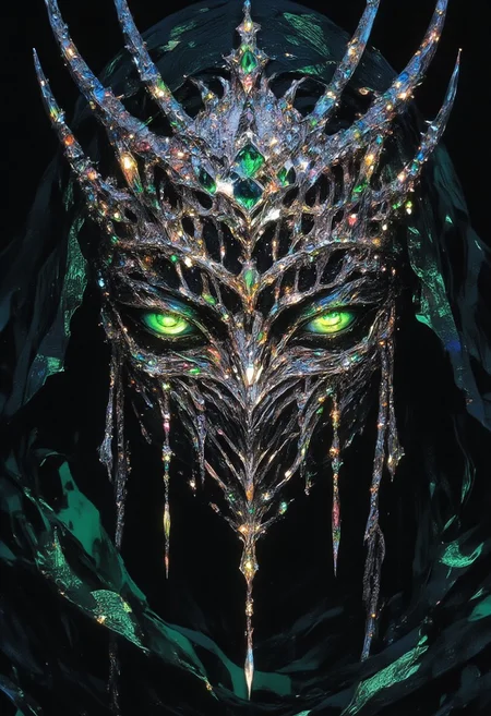 A enchantress materializes, her sad eyes are shattered emeralds. A tattered veil clings to her skin, casting an eerie silver glow. Chrome splinters crown her head, diamonds flashing like fireflies on a summer's night. A bejeweled latticework sprawls across her face, silver chains and diamonds glinting with manic light. Amidst this maelstrom, she remains serene, her gaze a cold, dark mirror reflecting the viewer's soul. A siren's call, beckoning deeper into the madness, her presence a whispered secret in the velvet darkness.