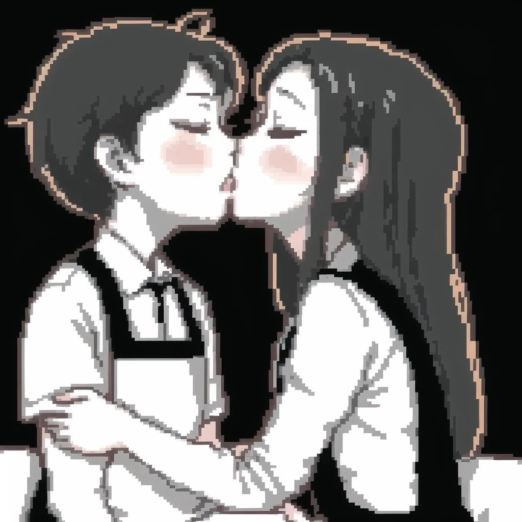 <lora:hcnone:1>, hcnone, pixel art, 1boy, 1girl, apron, bed, blush, closed eyes, comic, crossed arms, hand on another's head, kiss, long hair, monochrome, open mouth, petting, sitting, sleeping, white background, yukako \(toyoyuki\)